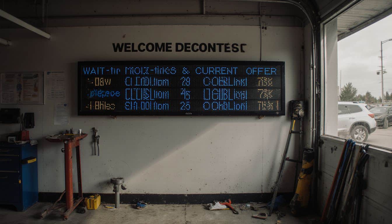 A digital welcome board displays wait times and offers in a service area. Digital welcome board listing wait times, appointments, and service offers inside a service area.