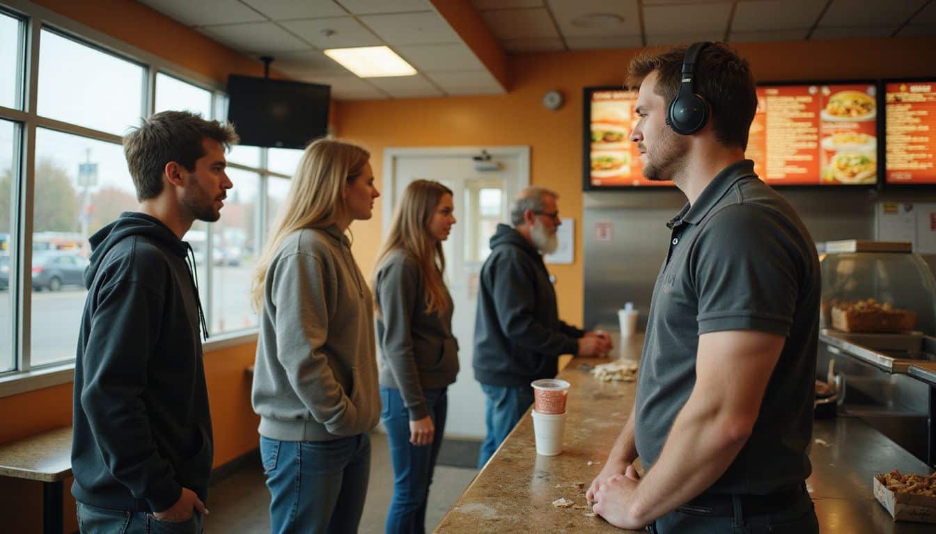 Customers and staff exhibit fatigue in a busy fast-food setting. Customers and staff exhibit fatigue in a busy fast-food setting.