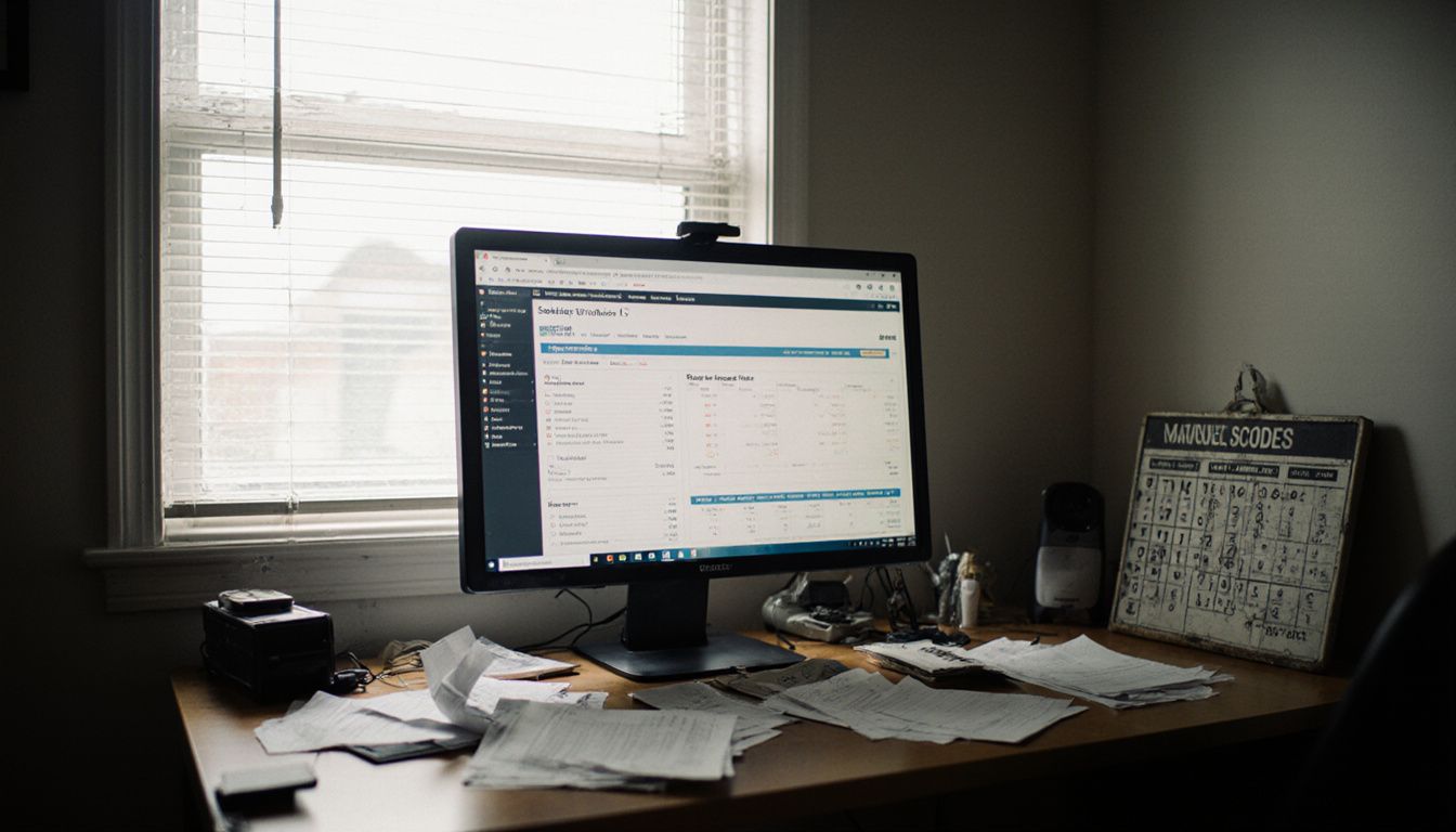 Busy office corner with a sales dashboard showing live performance metrics.