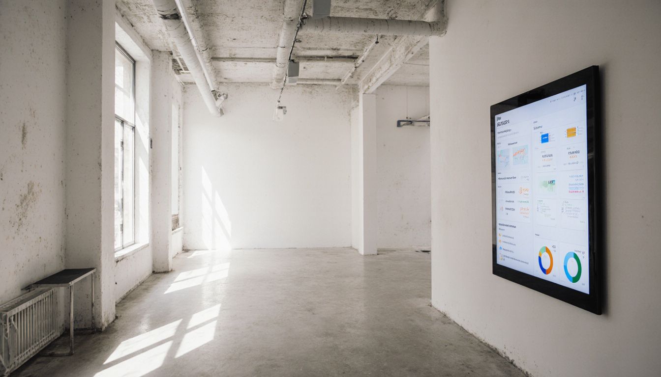A casual snapshot of an empty, cluttered modern showroom. Empty modern showroom with cluttered displays and outdated monitors.