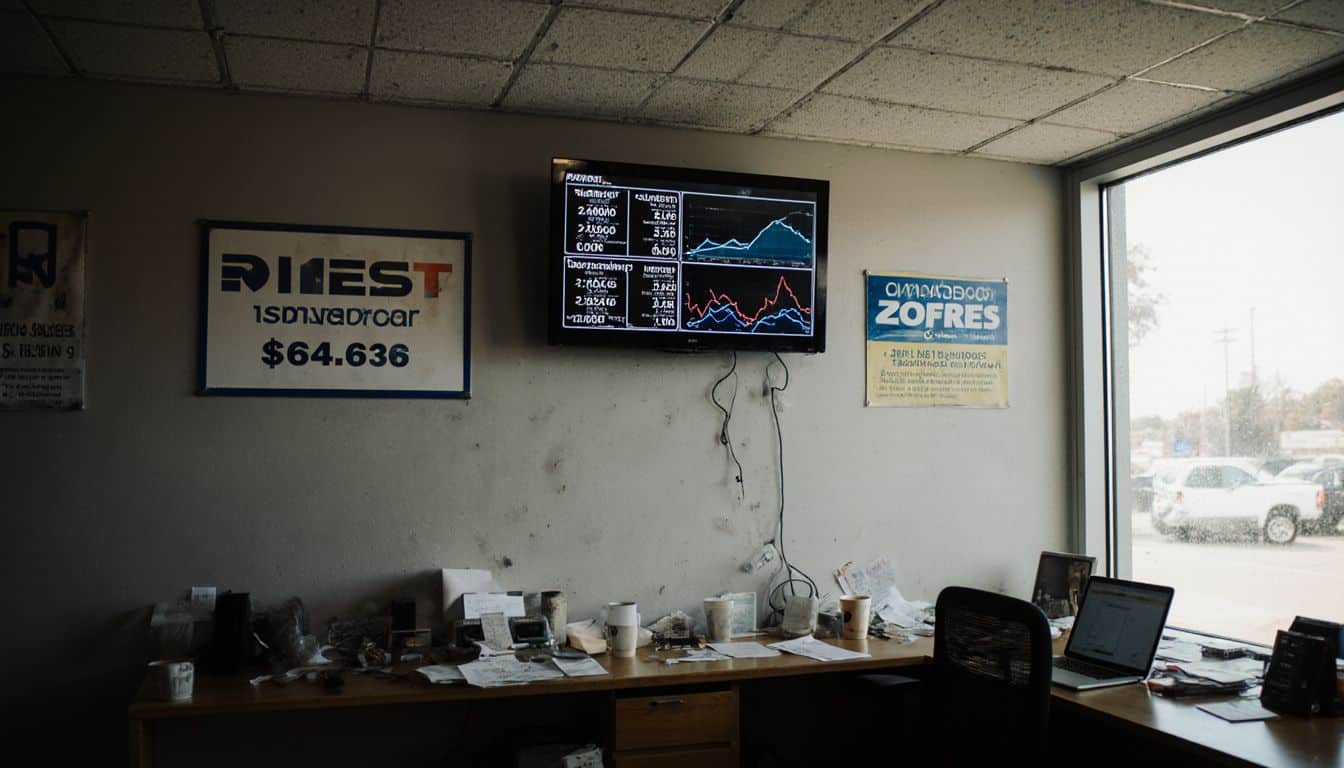 Car showroom displays real-time sales and service metrics on digital screens.