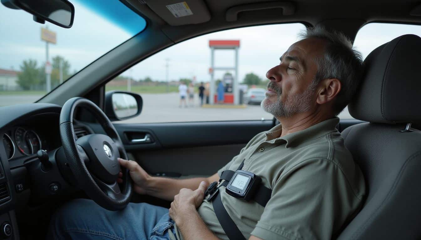 A relaxed middle-aged man sits calmly in a stationary sedan. A relaxed middle-aged man sits calmly in a stationary sedan.