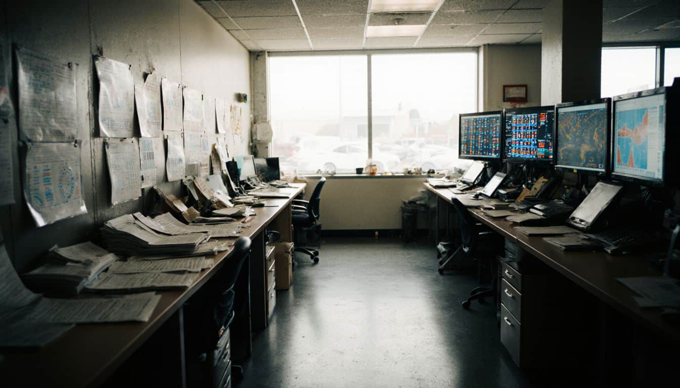 Quiet car showroom with paper forms and mixed tech on a service desk. Quiet car showroom with paper forms and mixed tech on a service desk.