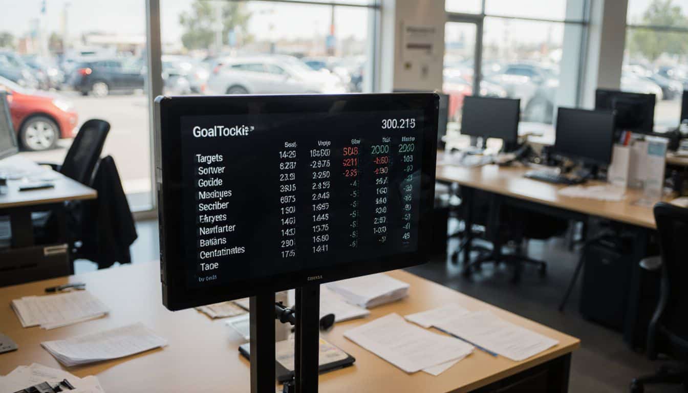 Digital goal tracking screen showing live sales numbers in a busy showroom.