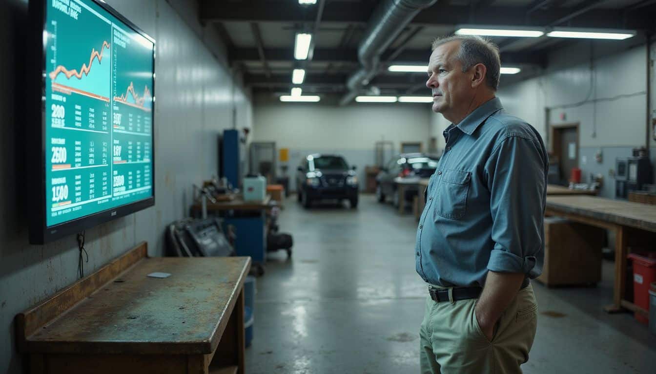 A middle-aged man in a wrinkled shirt attentively observes labor metrics on a wall-mounted screen in an automotive service department.