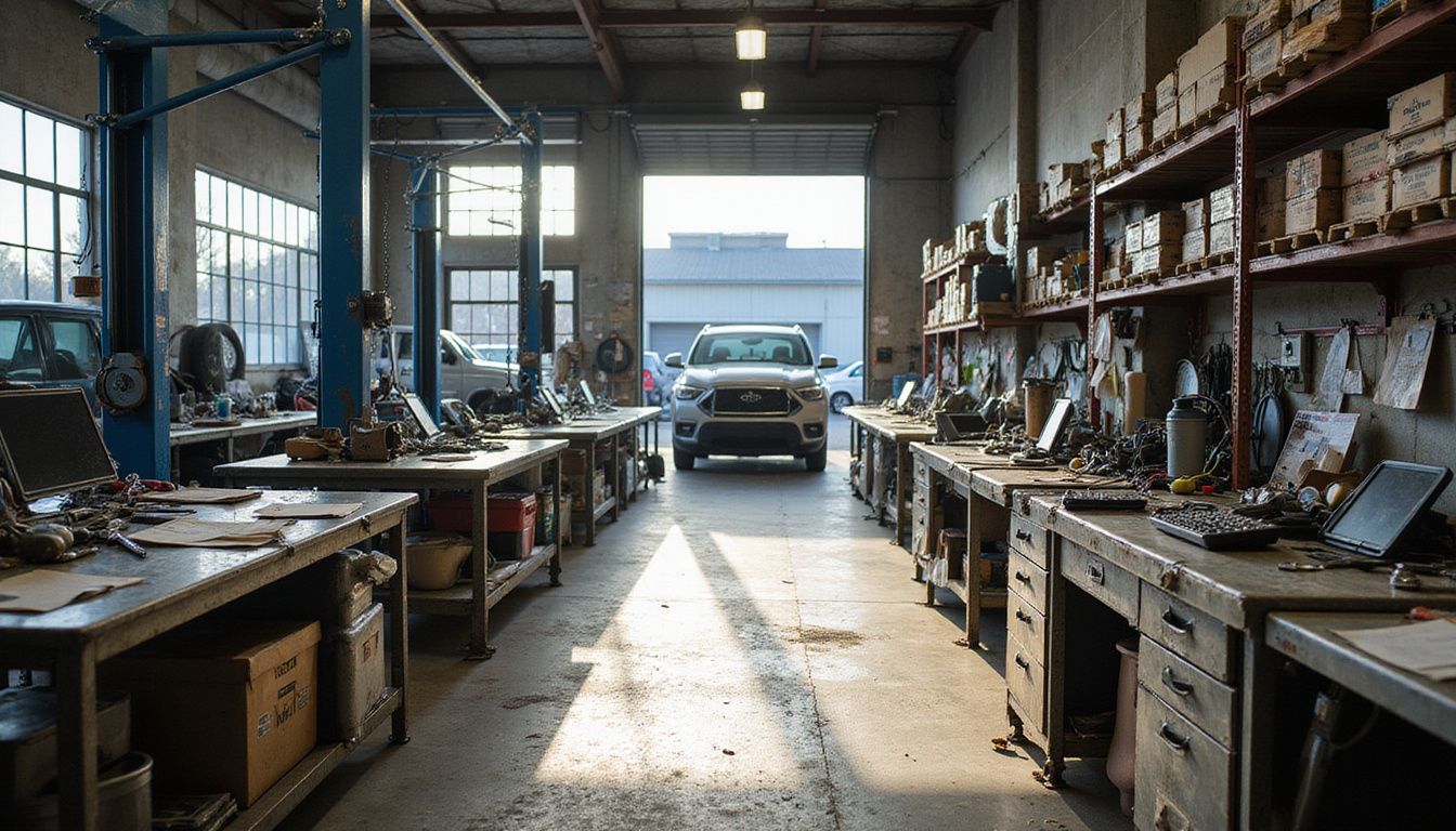 A bustling automotive service garage filled with tools, vehicles, and evidence of daily operations and genuine wear.