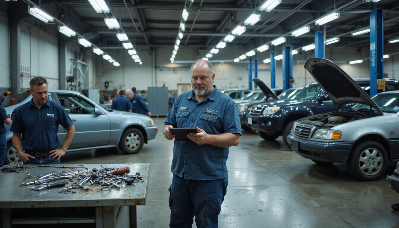 A bustling automotive service bay filled with technicians repairing vehicles amidst cluttered workstations and tools.