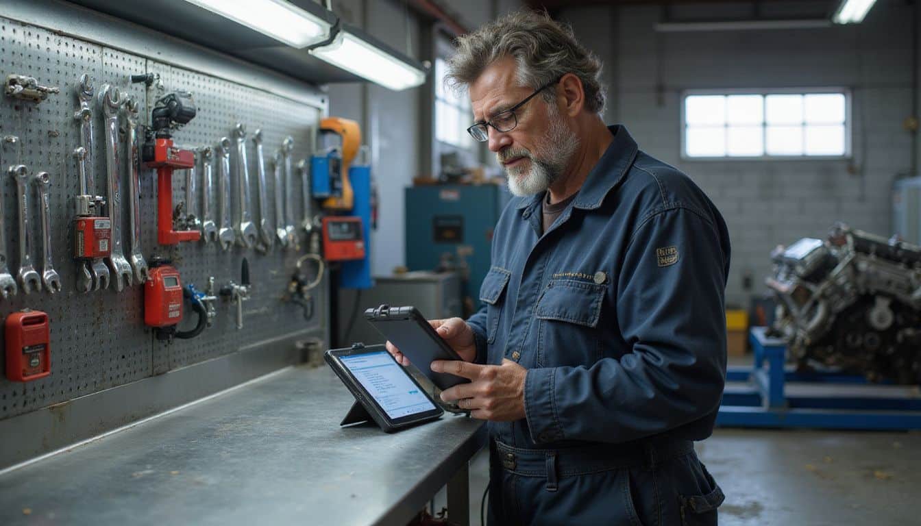 A weathered mechanic in coveralls focuses on diagnostic codes at a cluttered automotive workbench amidst tools and an engine.