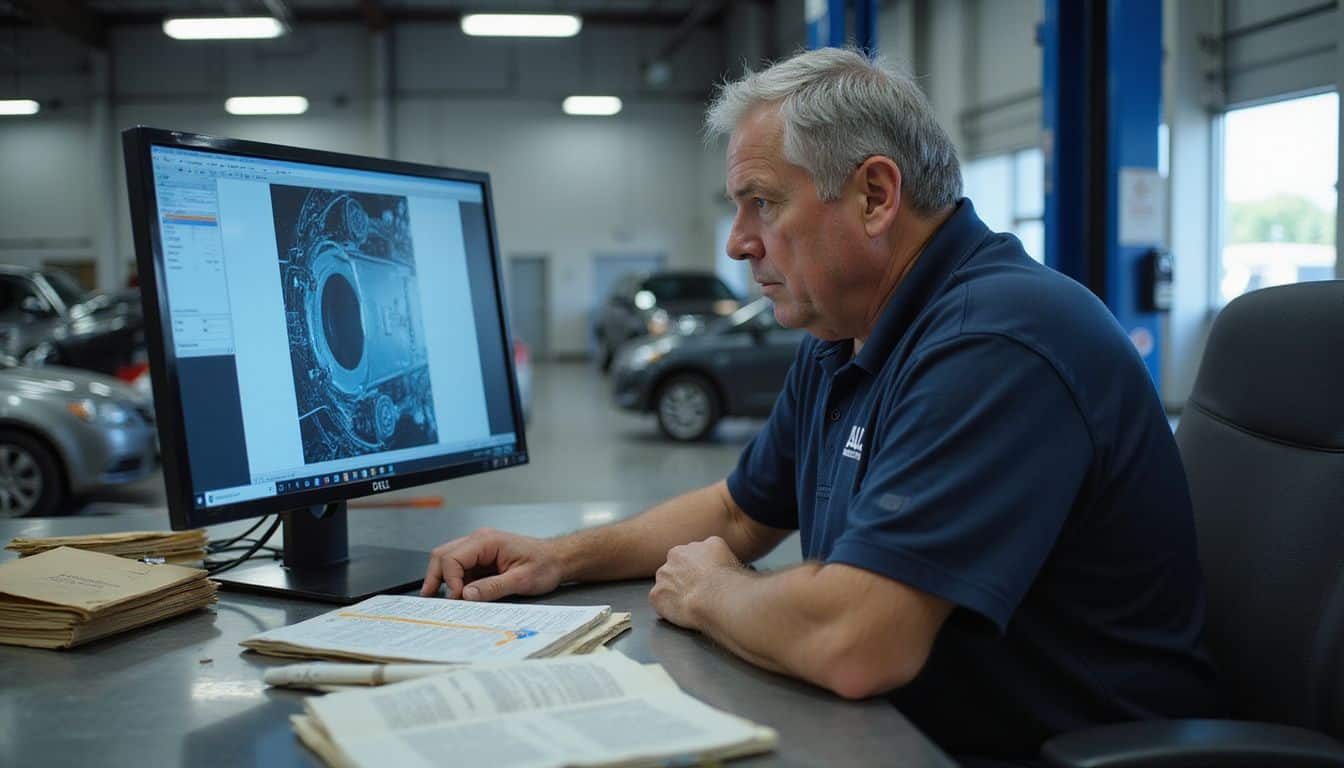 A middle-aged service manager reviews warranty claims at a worn workbench in a busy automotive service facility.