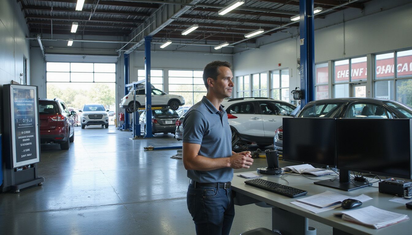 A modern automotive service facility features multiple service bays, a digital check-in kiosk, and a service advisor interacting with customers.