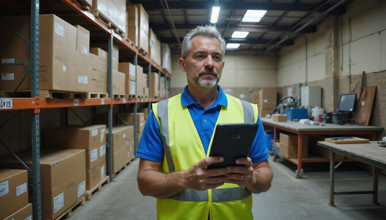 A middle-aged man in a blue polo and safety vest examines inventory on a tablet in an automotive parts warehouse.
