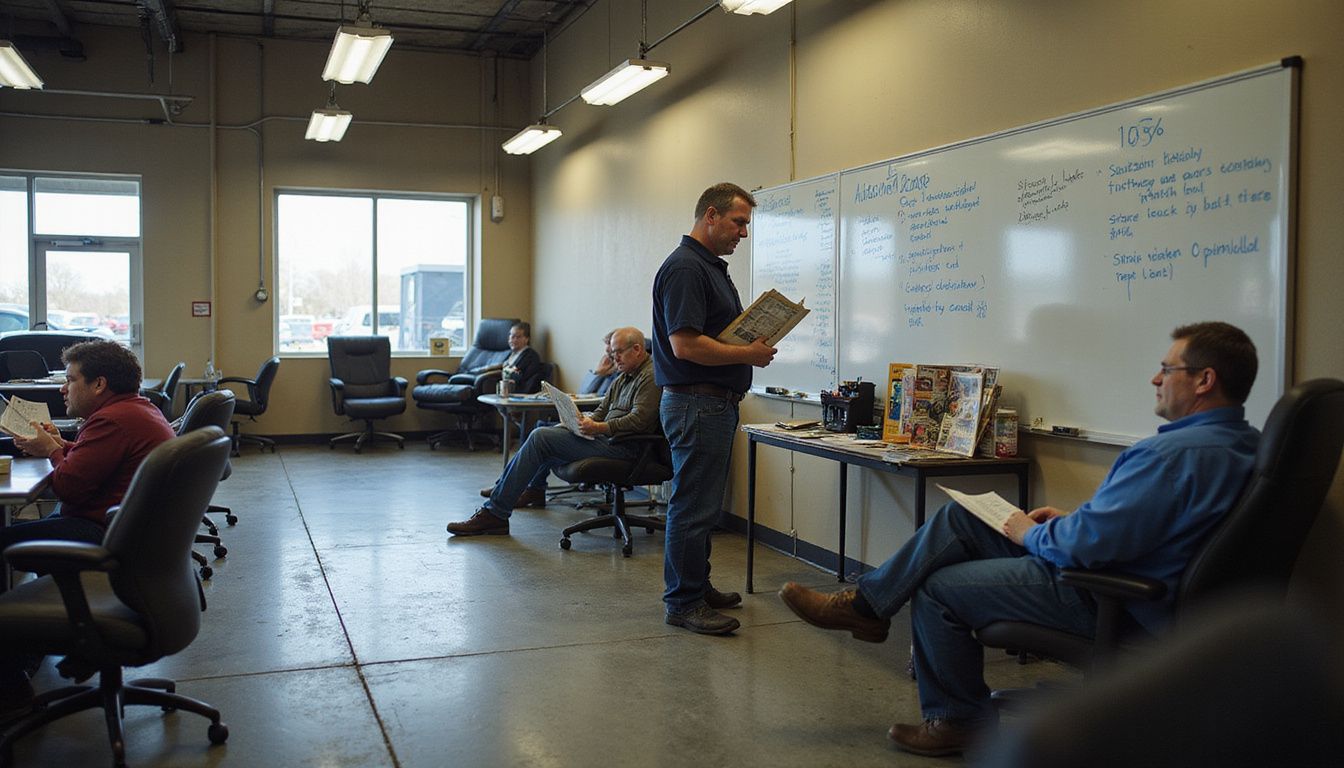 A mid-forties man reviews customer feedback in a cluttered automotive service waiting area filled with customers and worn furniture.
