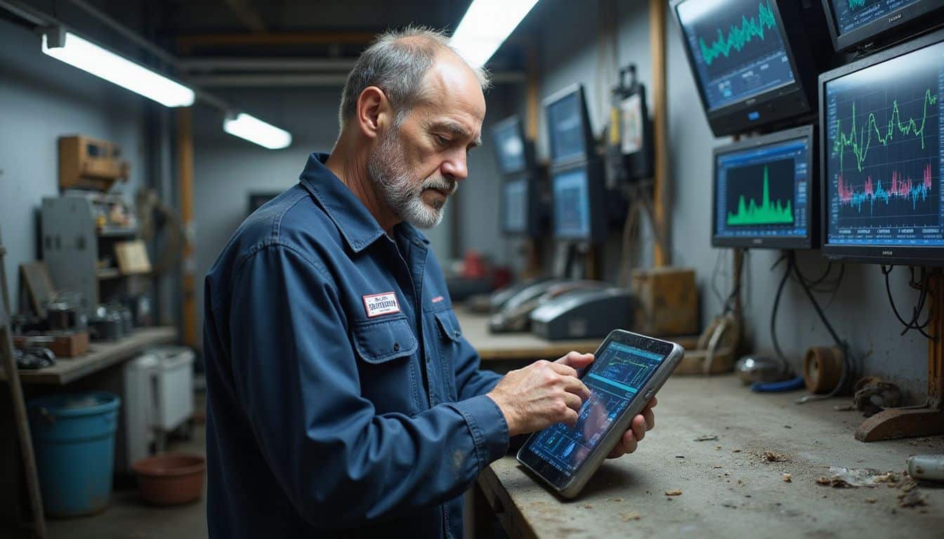 A seasoned automotive technician stands at a cluttered workbench, analyzing diagnostic data on a tablet amidst a busy service bay.