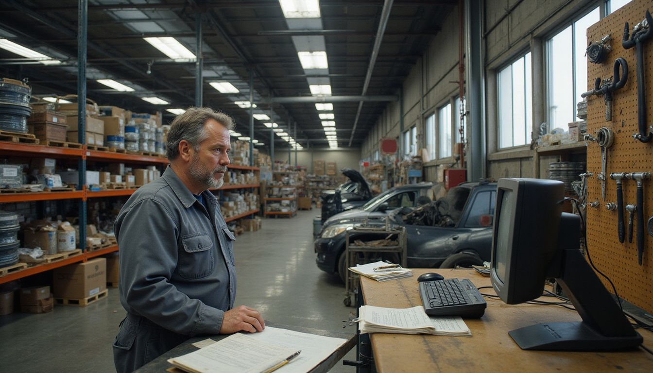 An automotive service warehouse filled with organized auto parts, a focused worker at a computer, and cluttered workspaces.