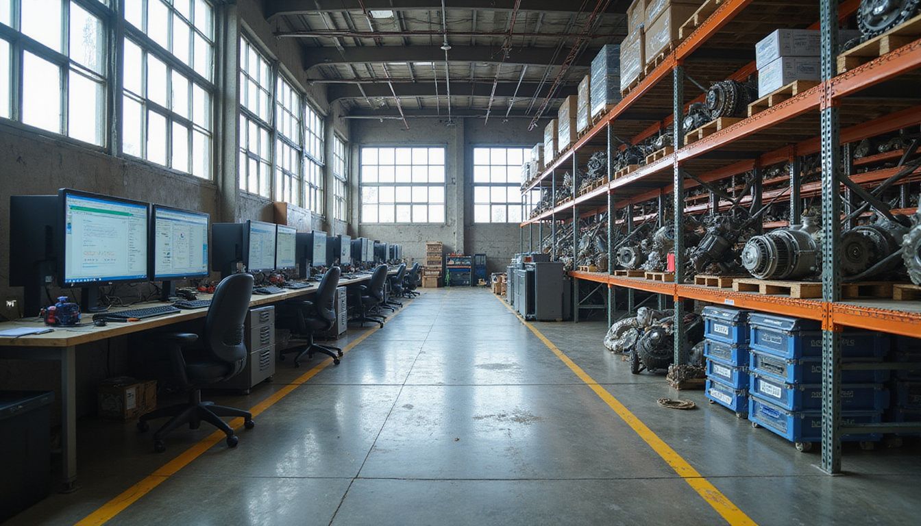 A contemporary automotive parts distribution center featuring organized shelving, inventory displays, and advanced scanning equipment in a clean environment.