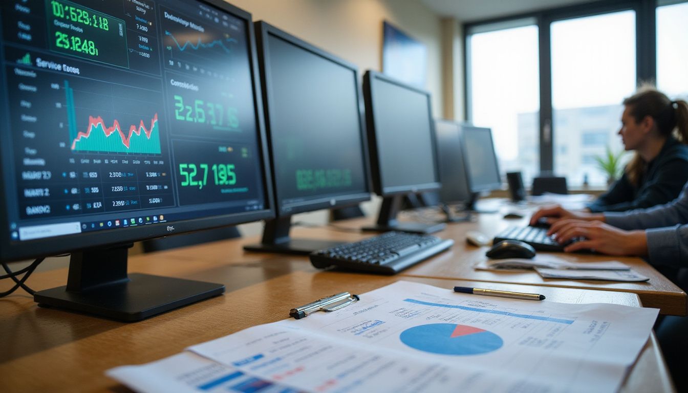 A car dealership service department office features monitors with data visualizations and a cluttered desk with service invoices.