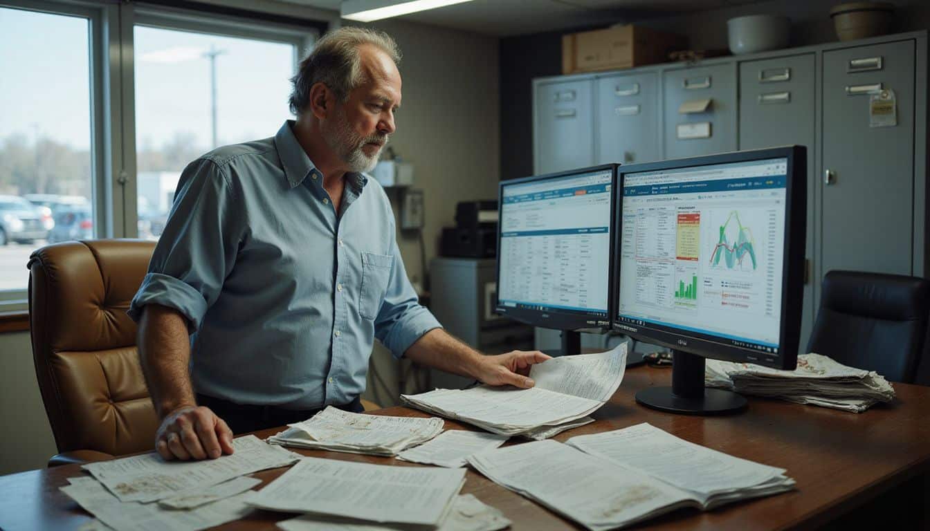 A middle-aged man analyzes data at a cluttered automotive office desk, surrounded by invoices and service tickets.