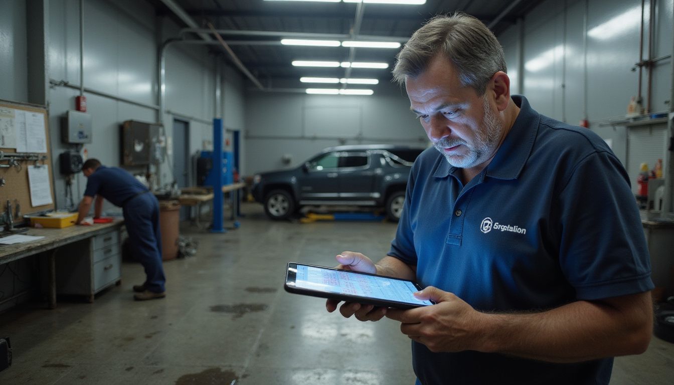 A weary man in a dealership grapples with financial stress while reviewing concerning revenue data on a tablet.