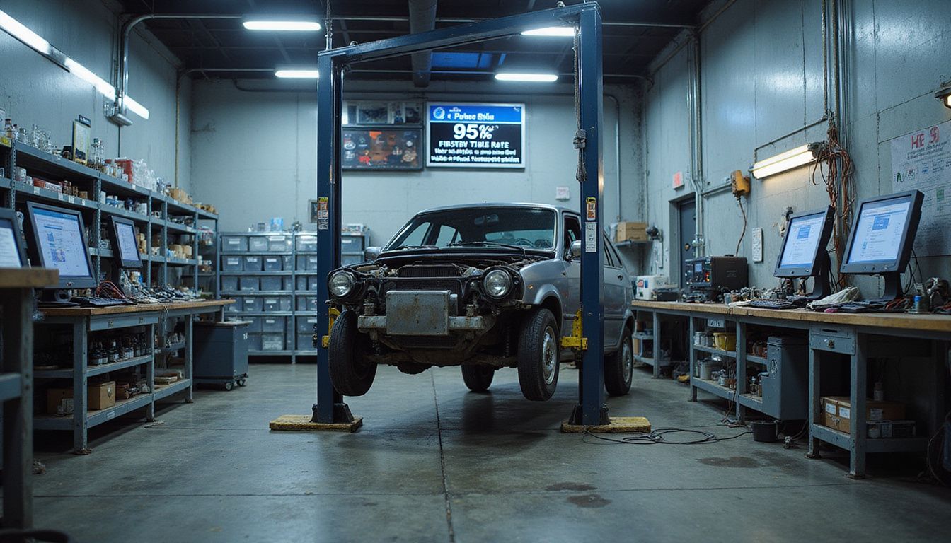 A metallic sedan on a lift reveals its undercarriage, surrounded by diagnostic equipment and tools in a bustling garage.