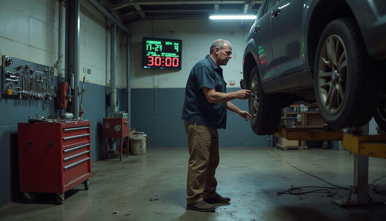 A muscular man in work attire examines a vehicle beneath a hydraulic lift in a busy automotive service bay.