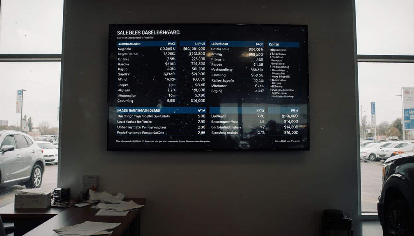 Dashboard displays real-time sales data in a car dealership showroom. Live sales dashboard on a large screen inside a dealership showroom.