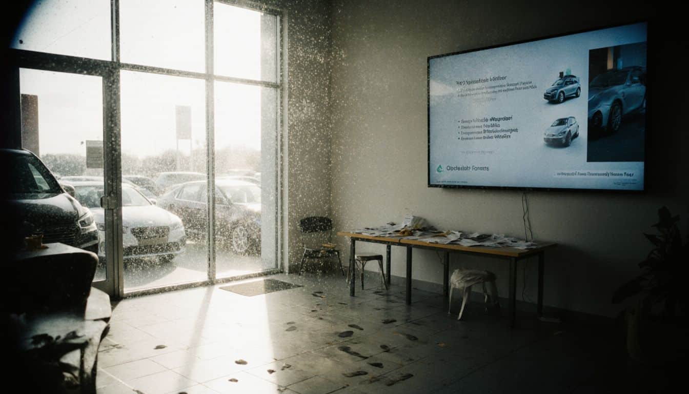 Quiet car showroom with paper clutter and no visitors.
