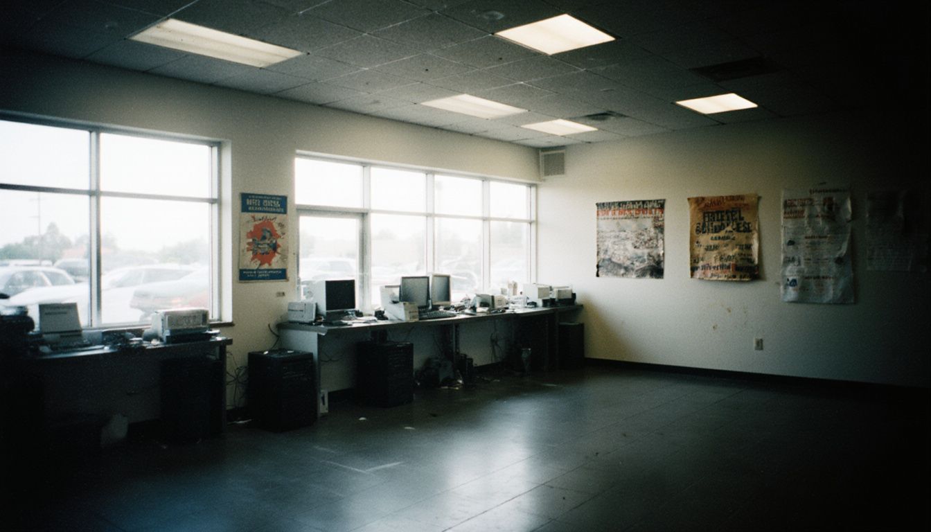 An aging car dealership showroom with faded signs and outdated screens.