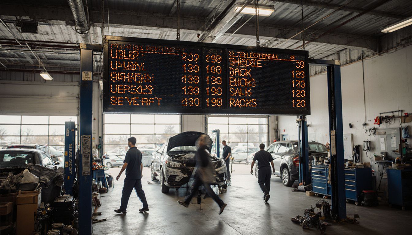 A busy dealership service bay with a digital menu board. Dealership service lane with a bright digital service menu on display.