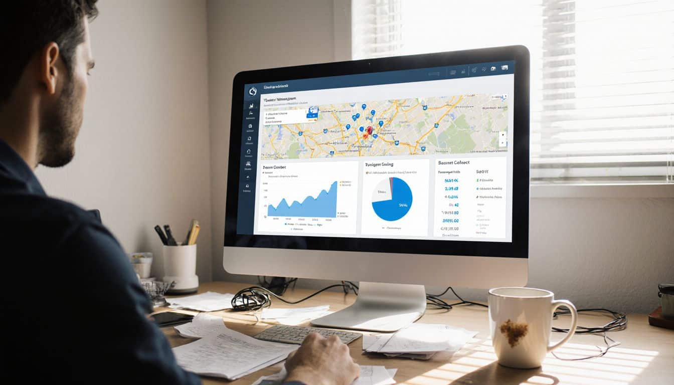 An unpolished office desk with a dealership management dashboard displayed. Dealership management dashboard on a laptop in a busy office.