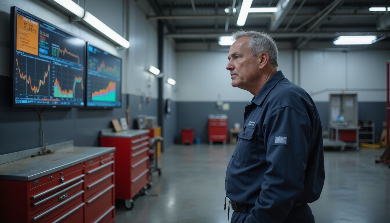 A middle-aged man in a work uniform concentrates on real-time service metrics displayed on a digital screen in an automotive service bay.