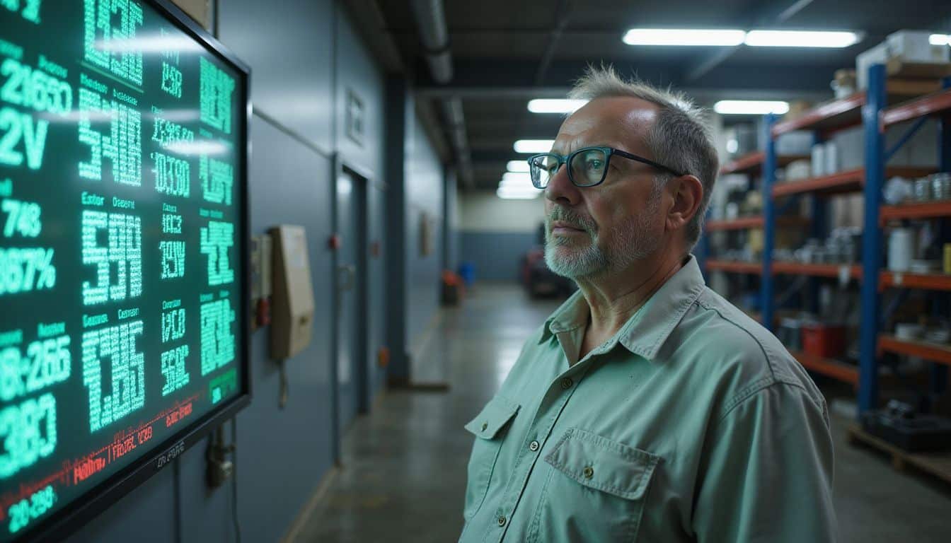 A middle-aged man analyzes performance metrics on a large display in an automotive service facility.