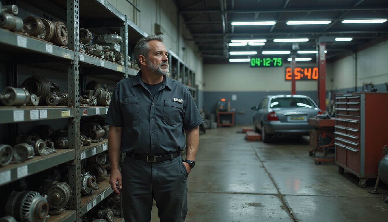 A focused middle-aged man in work coveralls examines automotive components while referencing data on a service board.