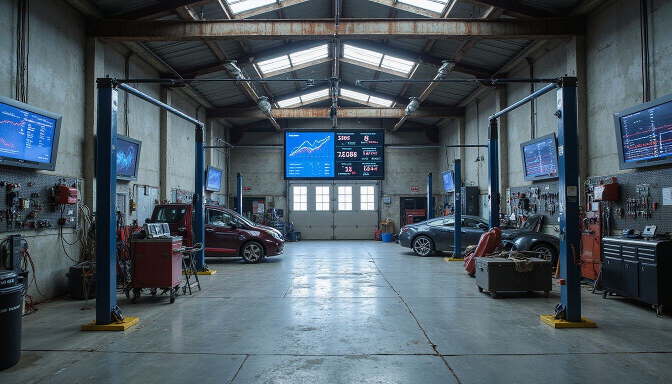 A professional automotive service garage features high-tech digital displays amidst rugged industrial equipment and architecture.