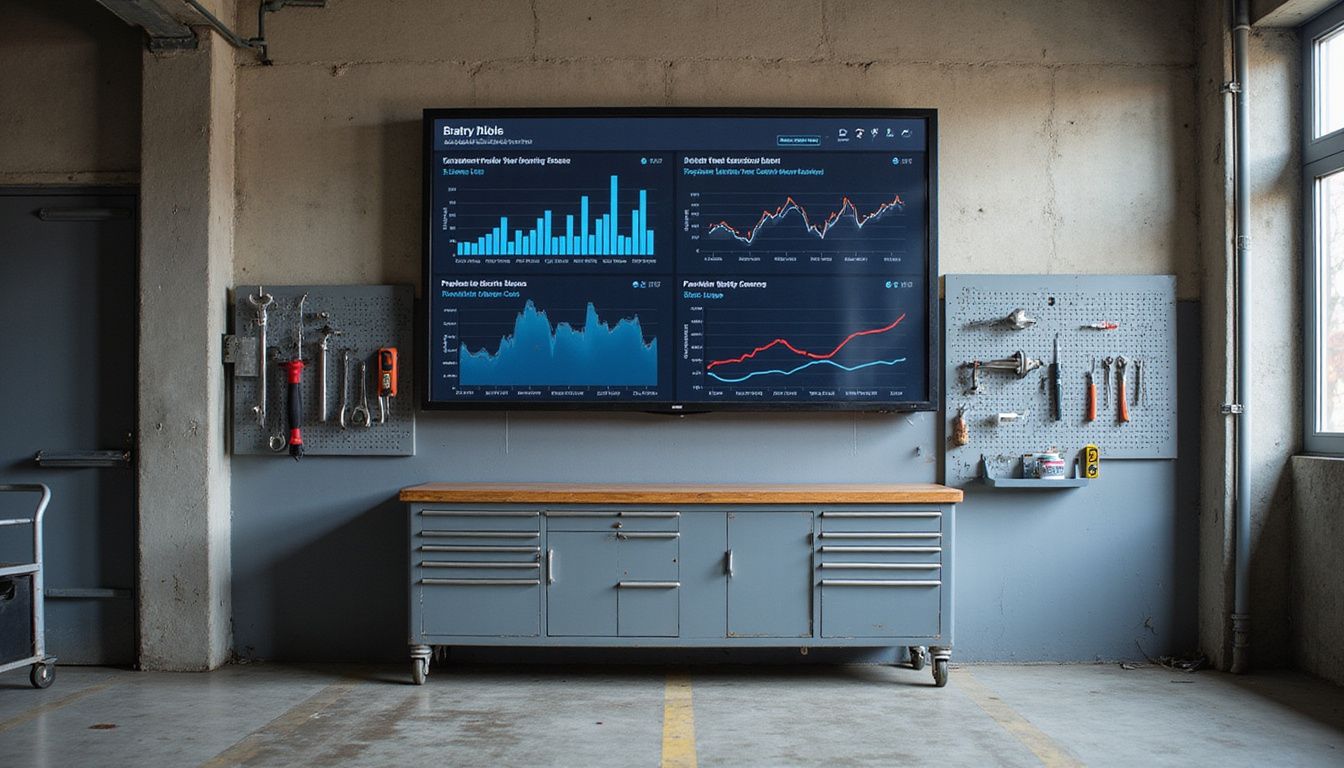 A digital dashboard displays performance metrics in an automotive service bay, surrounded by organized workstations and tools.