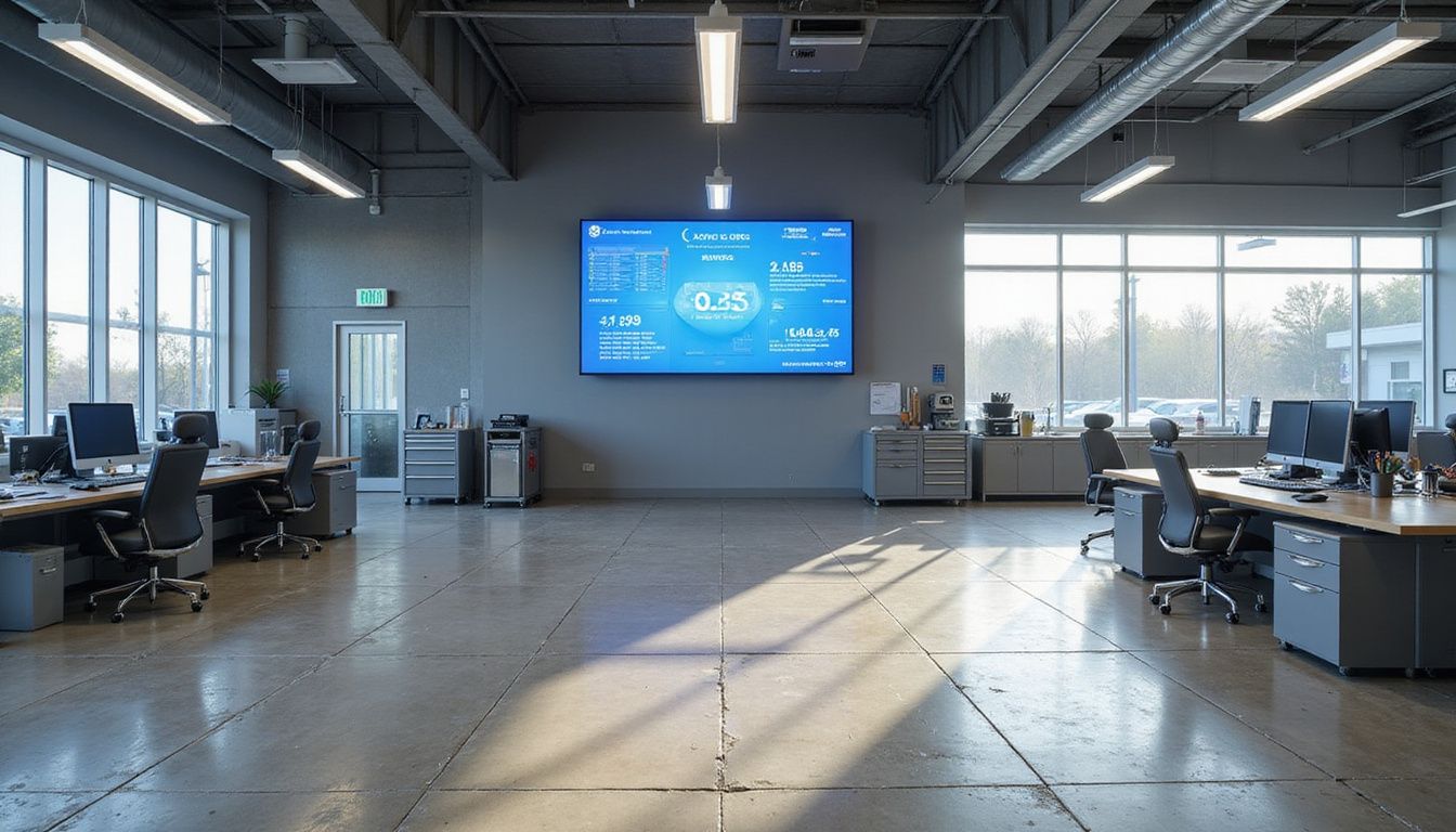 A spacious automotive dealership features integrated service and sales areas with digital displays and a professional, utilitarian design.