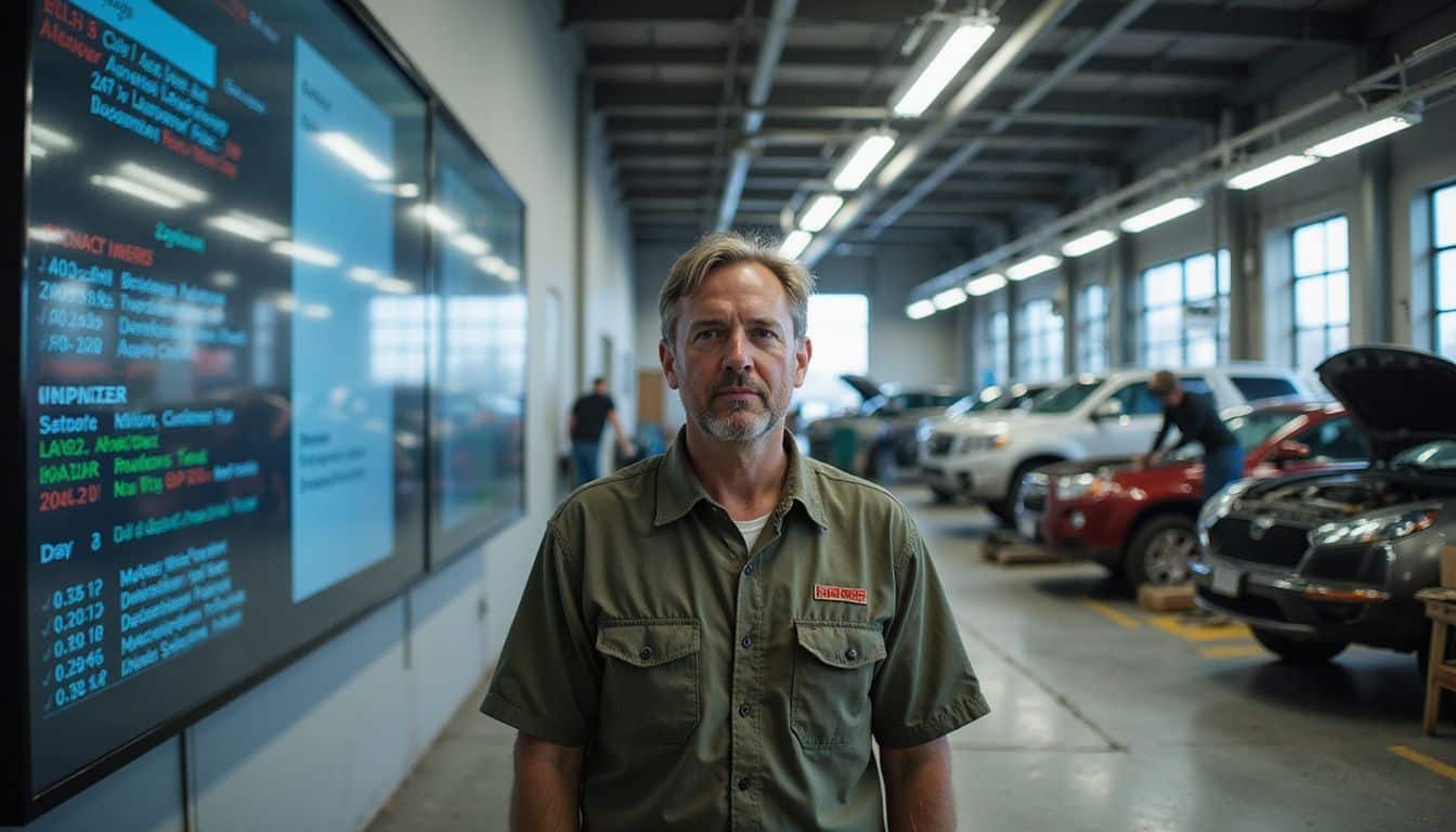 A focused mechanic studies a digital tracking board in a busy automotive service facility with multiple vehicles under repair.