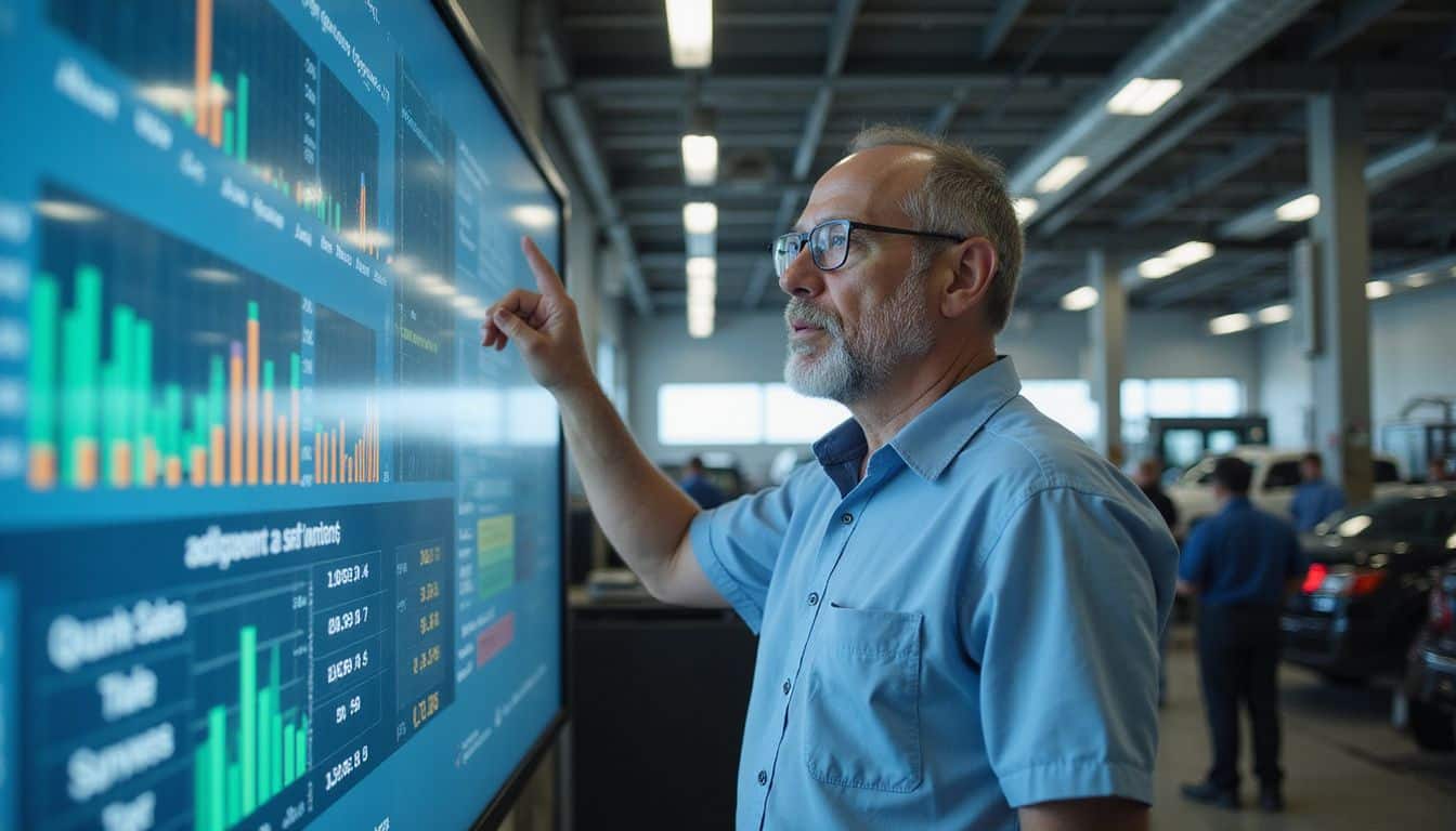 A middle-aged man in a button-up shirt studies data on a digital display in an automotive service facility.