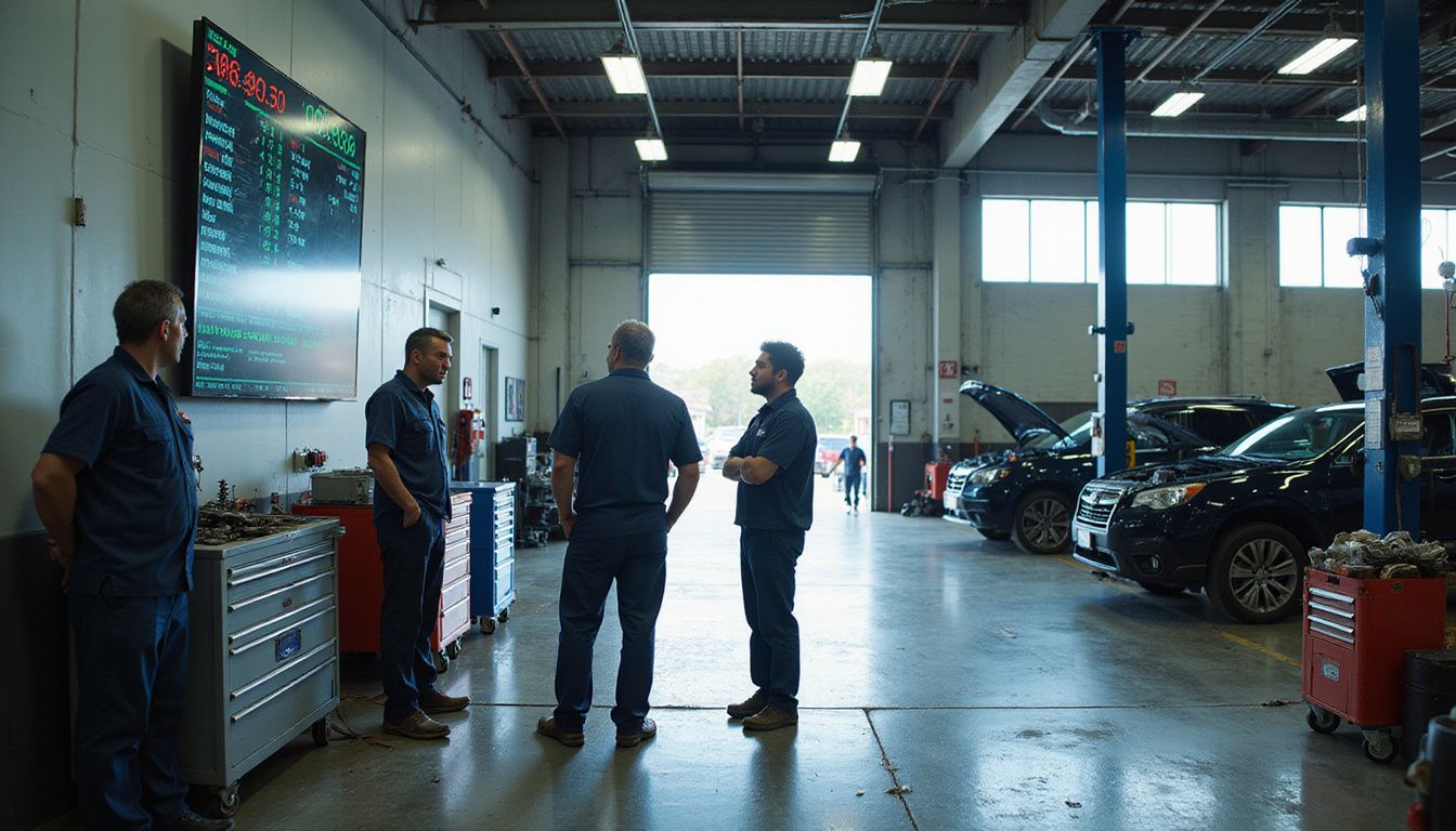 An automotive service bay bustling with technicians engaged in various repair tasks amidst tools and vehicles.