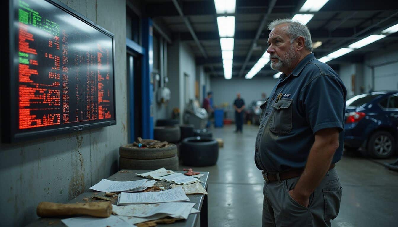 A weary mechanic studies an LED performance dashboard in a gritty automotive service bay filled with tools and work orders.