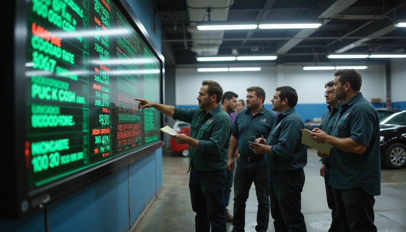 A diverse group of automotive technicians analyzes performance metrics on a large LED dashboard in a busy service bay.