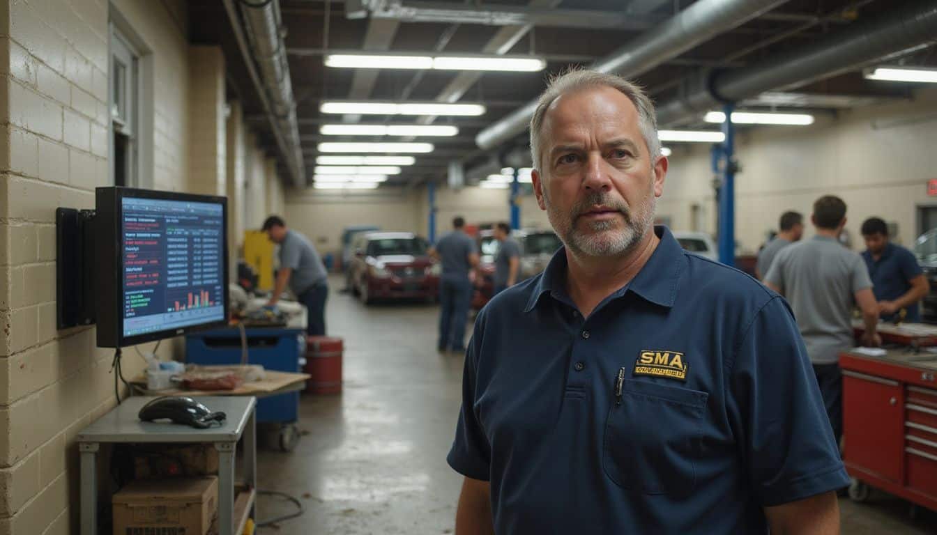 A middle-aged man in a work polo studies digital information in a busy automotive repair shop filled with technicians.