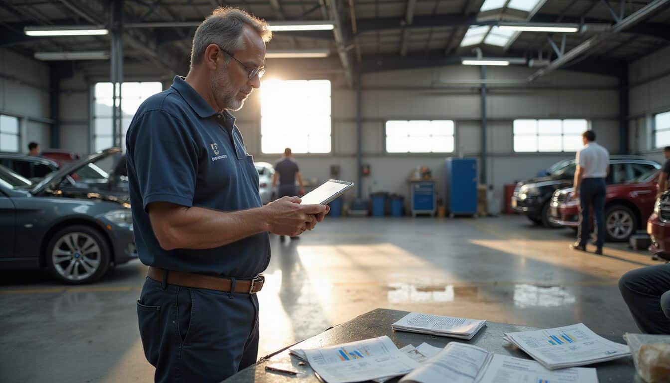 A weathered man analyzes data in a bustling automotive service bay filled with technicians and industrial tools.