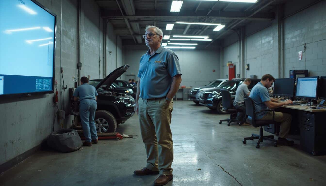 A weathered man observes a digital display in a bustling automotive service bay filled with mechanics and advisors.