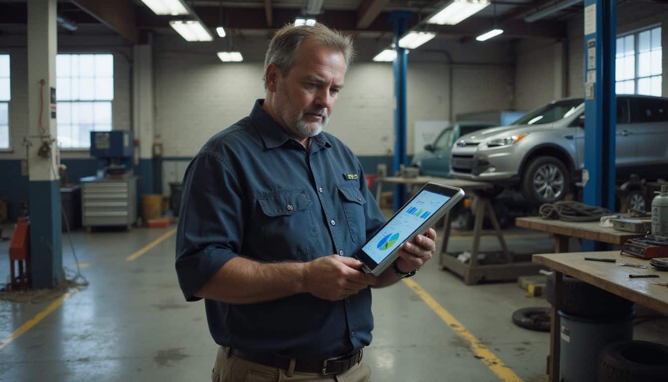 A middle-aged man in work clothes analyzes data on a tablet in a busy automotive service bay.