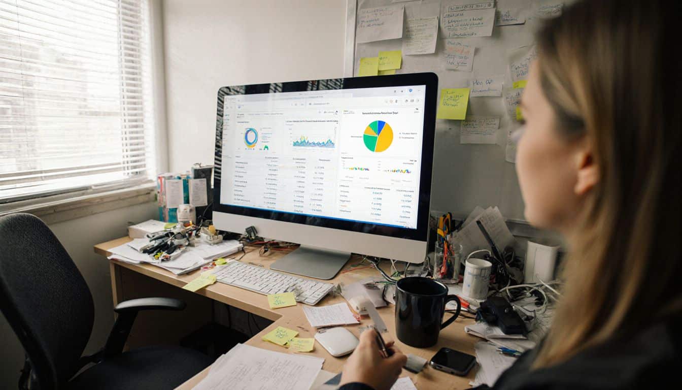 An office desk filled with papers beside a monitor showing sales charts and trends.
