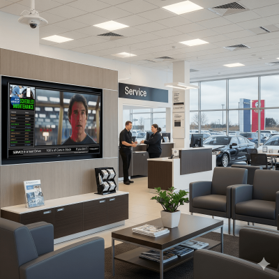 Car dealership customer lounge with digital signage showing service updates and branded video content.