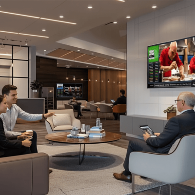 Car dealership customer lounge TV system displaying service updates, dealer promotions, and family-friendly content.
