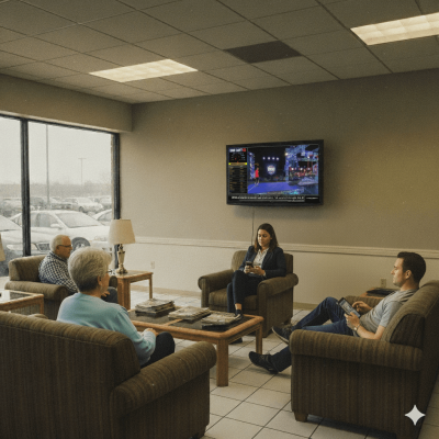 Dealership customer lounge TV display showing service status updates, dealership ads, and entertainment.
